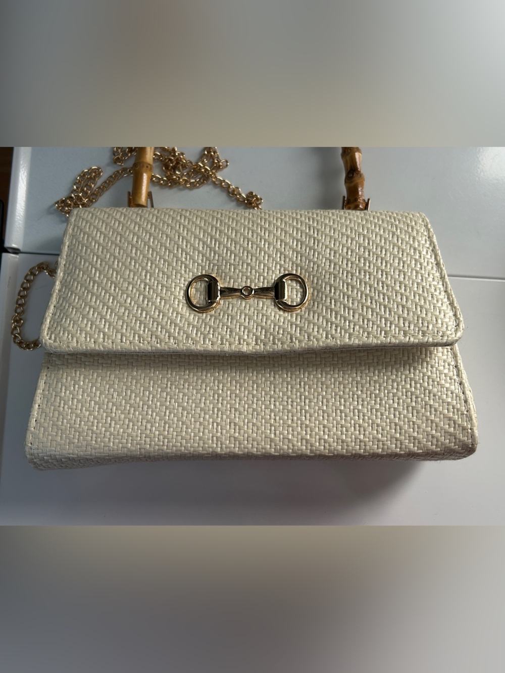 Tommy Bahama Straw Purse Bamboo Top Handle Bag Horsebit Chain Crossbody - Picture 4 of 11